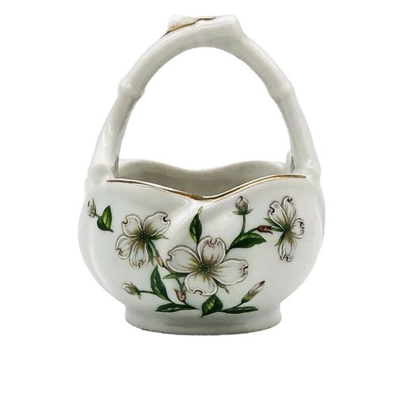 Vintage Lefton Porcelain Trinket Basket Hand Painted Dogwood Flowers Gilt Japan - Picture 3 of 9